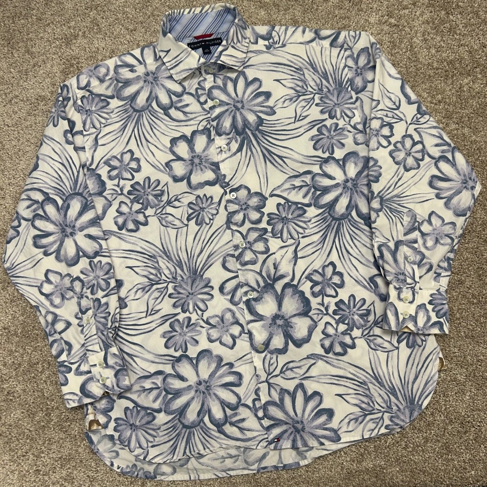 Vintage y2k Tommy Hilfiger Floral Button Shirt Men Size Large Hawaiian Preppy